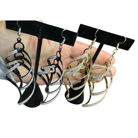 dangle earrings for women 2 pairs black gold tone sparkle 4 inches party - Picture 2 of 16